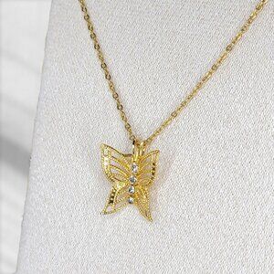 Vtg Gold-Tone Butterfly Pendant Necklace With Clear Crystal Detailing 17"